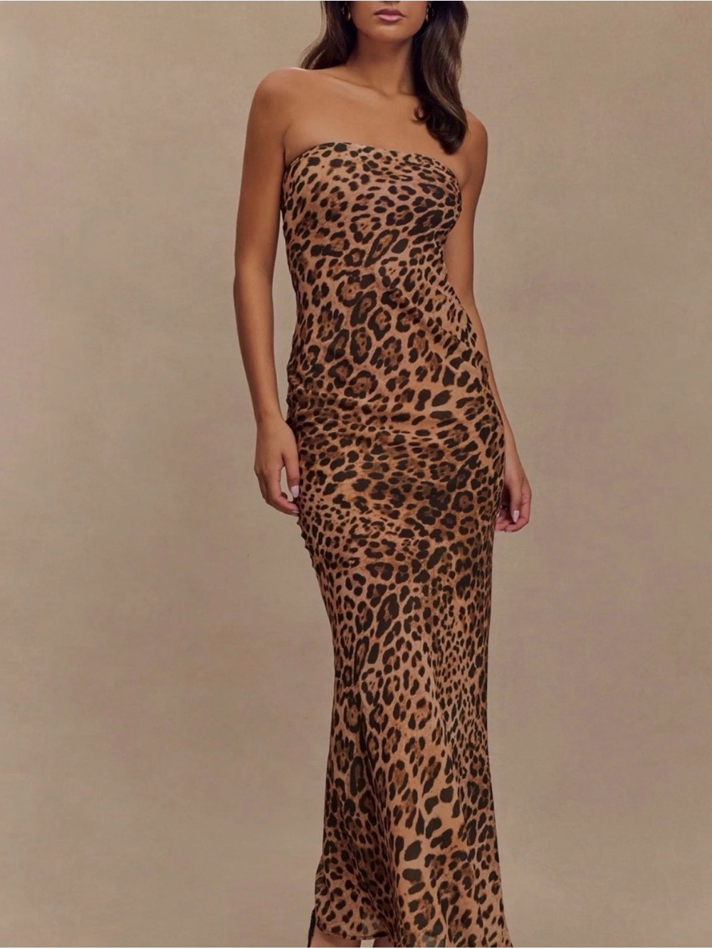 Meshki Breanna Strapless Chiffon Maxi Dress - Leopard Print sz M